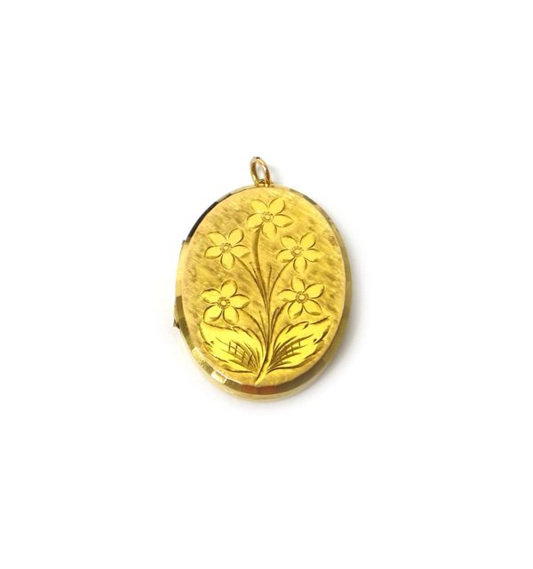 A 9ct gold oval pendant locket, the front engraved with a floral spray, London 1976, gross weight 16 gms.