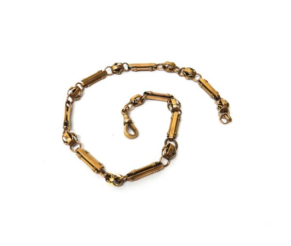 A gold bar, circular and decorated oval link watch Albert chain, fitted with a swivel and with one connecting base metal link, gross weight 22 gms.