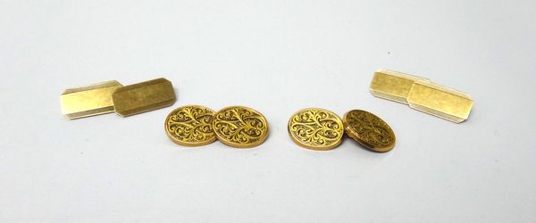 A pair of Victorian 15ct gold oval cufflinks, with feathered scroll engraved decoration to the backs and to the fronts, Birmingham 1896, weight 4.5 gm