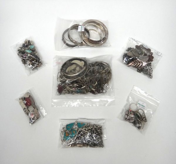 Mostly silver and other jewellery, including; bangles, rings, brooches and pins, including a silver and marcasite set cat brooch, pendants and charms,