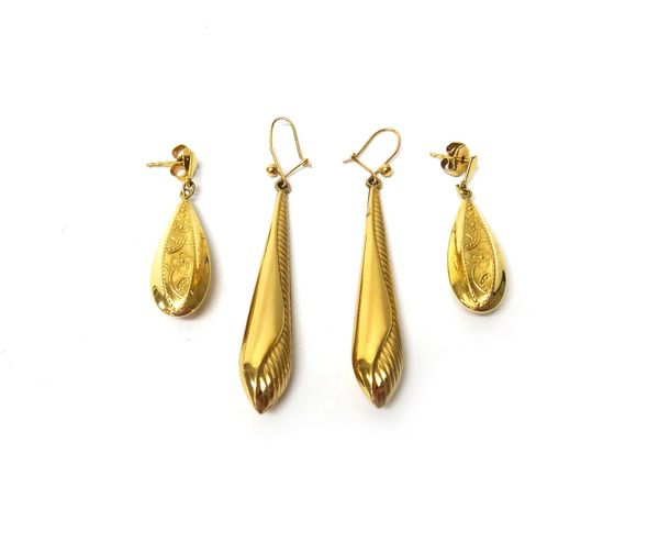 A pair of 9ct gold drop shaped pendant earrings, the tops with wire fittings and a pair of 9ct gold pendant earrings, the tops with post and butterfly