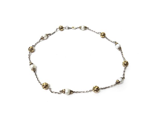 A silver, gold and cultured pearl necklace, by John Hardy, the oval link chain spaced with cultured pearls and gold decorated silver beads at interval