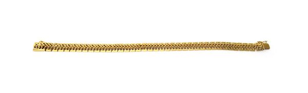 A gold bracelet, in a multiple link design, on a snap clasp, detailed 18 K, length 18cm, weight 17.7 gms.