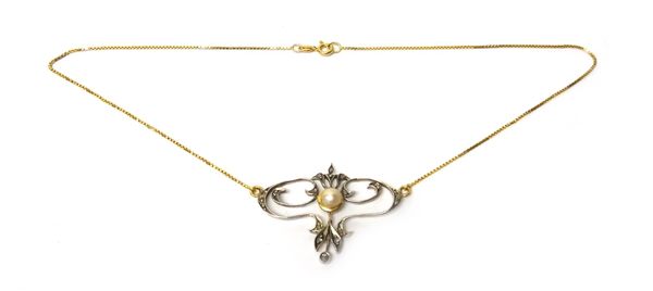 A rose diamond and cultured pearl necklace, in a pierced scrolling design, centred by a cultured pearl, on an associated gold box link neckchain, deta