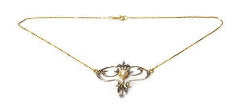 A rose diamond and cultured pearl necklace, in a pierced scrolling design, centred by a cultured pearl, on an associated gold box link neckchain, deta
