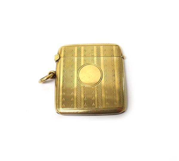 A 9ct gold vesta case, decorated with engine turned bands, Chester 1908, gross weight 1905 gms.