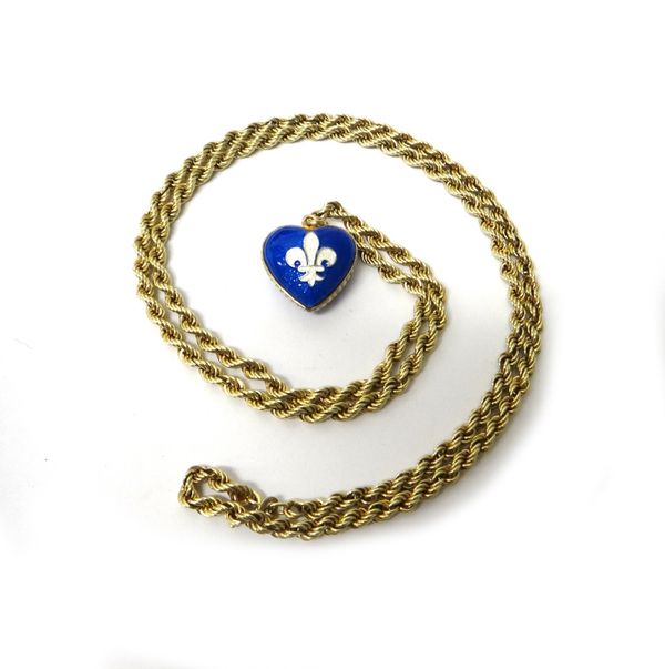 A gold ropetwist link neckchain, on a boltring clasp, detailed 14 K 585, with a gilt blue and white enamelled heart shaped pendant, decorated with a F