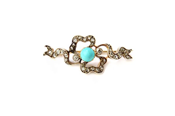 A Victorian diamond and turquoise set brooch, in an entwined ribbon twist design, mounted with the circular turquoise to the centre and otherwise furt