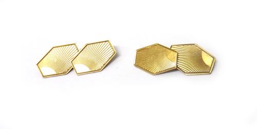 A pair of 9ct gold hexagonal cufflinks, with engraved decoration, Birmingham, 1938. weight 4.8 gms, together with a pair of silver cufflinks, commemor