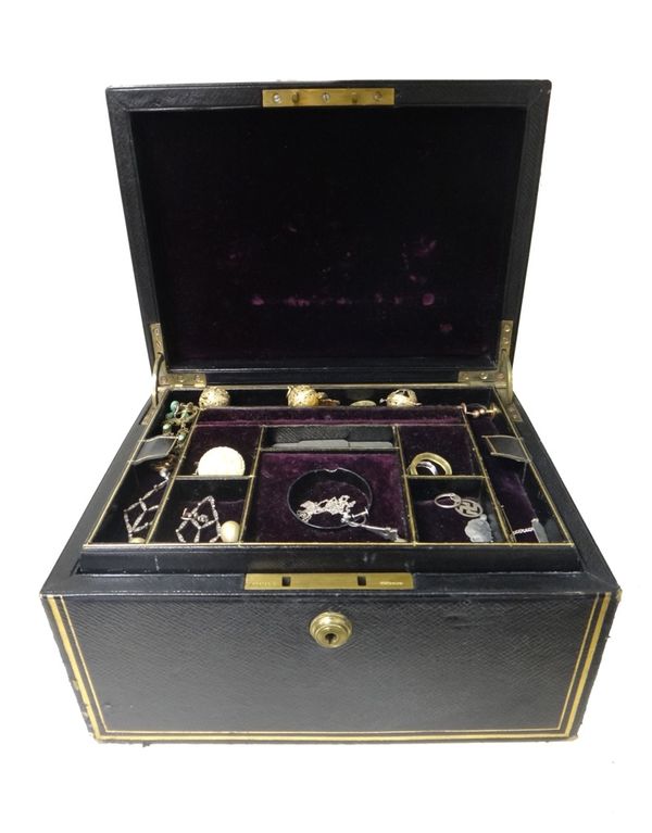 A Victorian leather jewellery case, containing a collection of mostly costume jewellery, including; nine buttons inlaid with abalone shell, a pair of