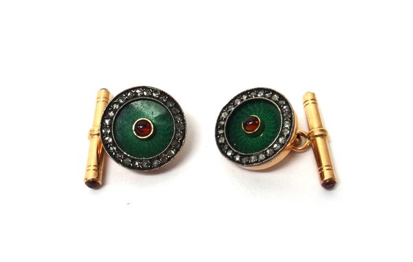 A pair of Russian gold, rose diamond, cabochon garnet and green enamelled dress cufflinks, with gem set fronts and with bar fittings to the backs, det