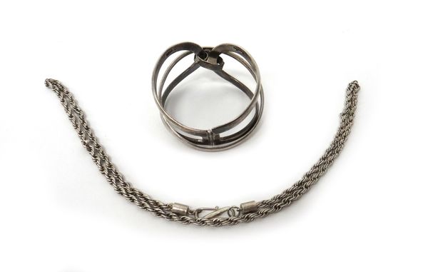 A Sterling silver oval hinged bangle, in an openwork design, detailed Sterling, a circular bangle, detailed 800 and a ropetwist link neckchain on a se