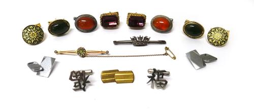 A gold, peridot and seed pearl cluster bar brooch, detailed 9 CT, fitted with a safety chain, a silver bar brooch with a Navy crown motif, six various