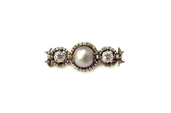 A Russian gold and silver set diamond and grey tinted cultured pearl brooch, in a triple circular design, mounted with a grey tinted cultured pearl at