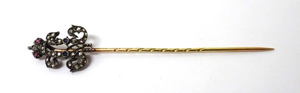 A Russian gold and silver, rose diamond, ruby and sapphire set stick pin, designed as a royal monogram with a crown surmount, detailed 56 HW.