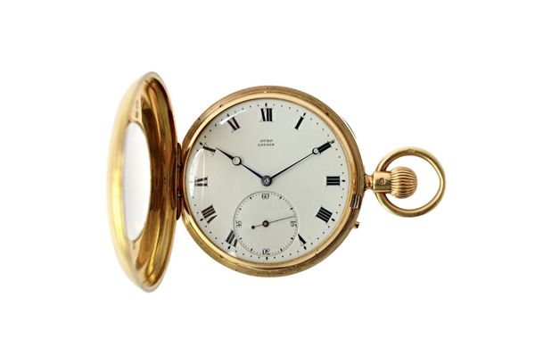 A gentleman's 18ct gold cased, keyless wind half hunting cased pocket watch, the gilt three quarter plate jewelled lever movement detailed J & H Jump