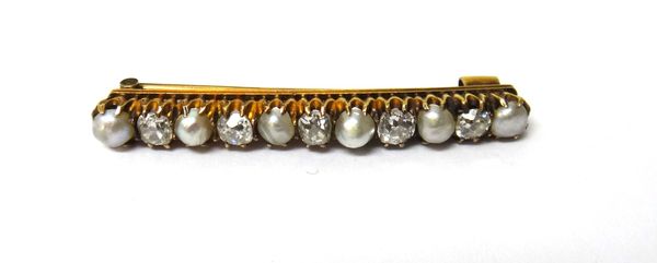 A Russian gold, diamond and cultured pearl brooch, mounted with five cushion shaped diamonds, alternating with six cultured pearls, detailed 56.
