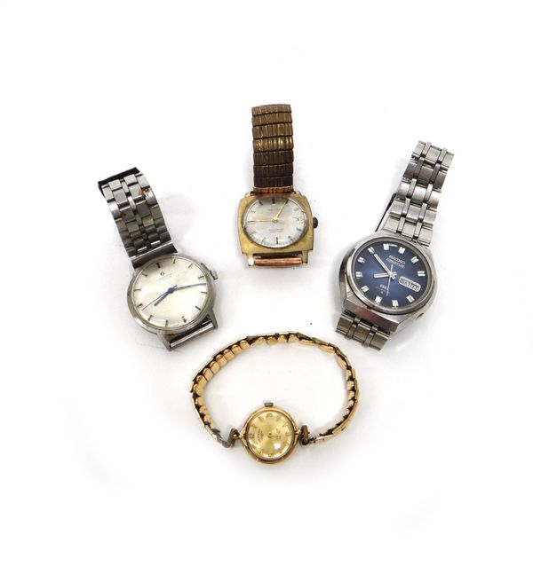 A lady's 9ct gold, circular cased Rotary wristwatch, on a 9ct gold sprung link bracelet and three gentlemen's wristwatches, comprising Junghans, Kelto