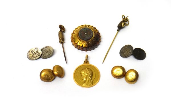 A Victorian gold and rose diamond set circular brooch, (the hinge and the pin lacking), a gold circular devotional pendant, a stick pin designed as a