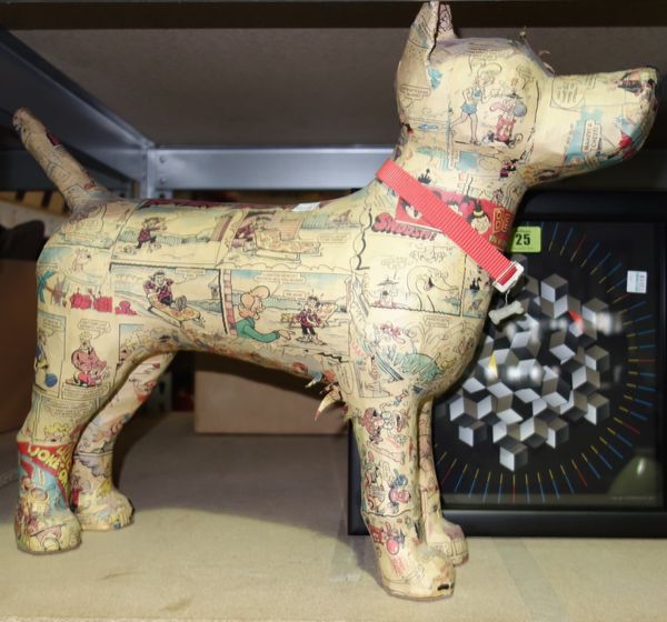 A 20th century Beano comic decoupage model of a dog, together with a 20th century abstract wall clock. S3T