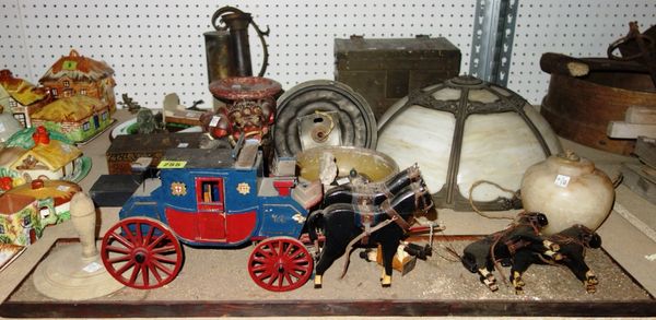 A quantity of collectables including scratch built horse and carriage group, Art Nouveau lamp base, beadwork snake, marble pedestal dish and sundry. S