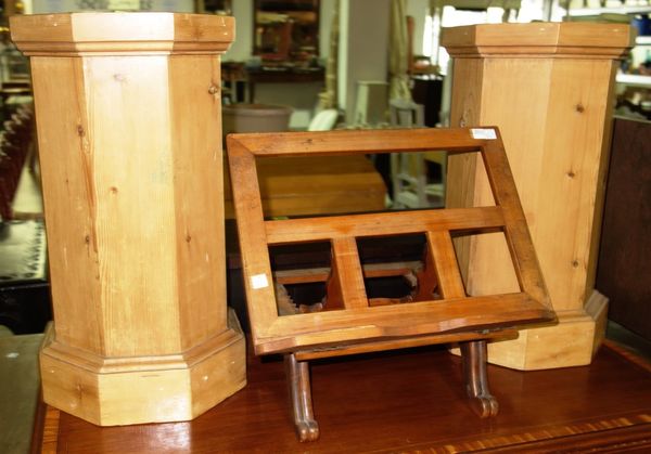 A pair of pine octagonal stands and an adjustable book stand.Property from the estates of the late Adrian Stanford and Norman St John-Stevas, Baron St