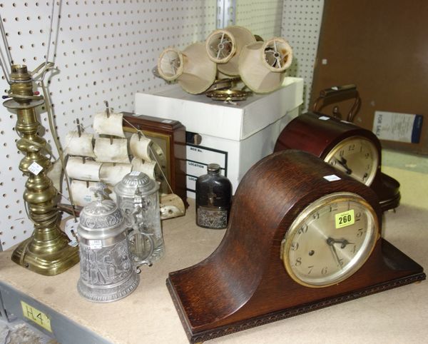A group of collectables, including three mantel clocks, a hip flask, wall lights, tankards and sundry (qty).  S4B