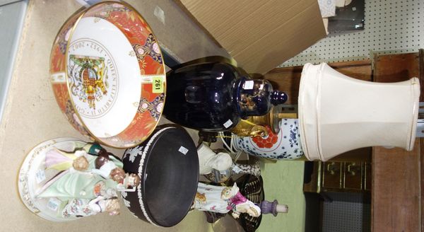 A group of ceramics, including a Prattware ceramic lamp base, porcelain figures, a Worcester bowl and sundry (qty).  S4B