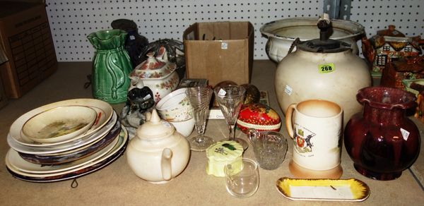 A quantity of ceramics including, green falcon ware jug, Doulton lamp base and sundry ceramics and glass.  S1M