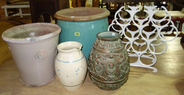 A large green painted terracotta pot, a green and gilt pottery vessel and sundry. I4