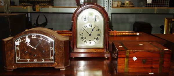 A 1930s oak mantel clock, a three train Westminster chime mantel clock and a brass inlaid writing slope. (3) DIS
