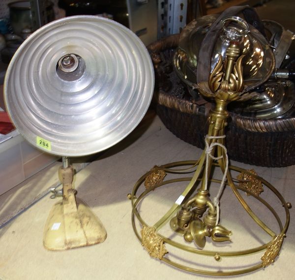 A gilt metal hanging ceiling light together with a 20th century cream painted metal desk lamp. (2) S3B