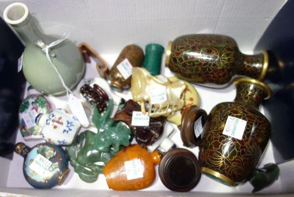 A group of Asian works of art, 20th century, including ten various Chinese snuff bottles, a pair of small Chinese cloisonné vases, a Chinese celadon g