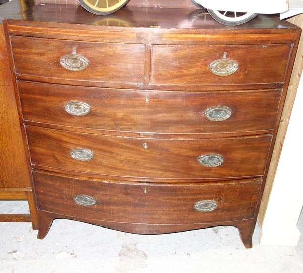 A 19th century mahogany bowfront chest of two short and three long drawers, 104cm wide.  J2