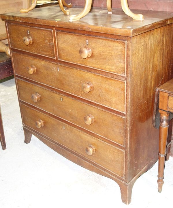 A Victorian mahogany chest of two short and three long drawers on splayed feet, 102cm wide. H3