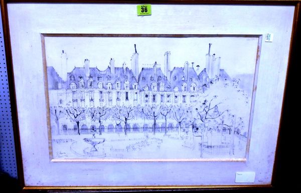 S. Fenn (20th century), View of a chateau, pencil, signed, inscribed  Paris  and dated '52, 30cm x 48cm.  K1