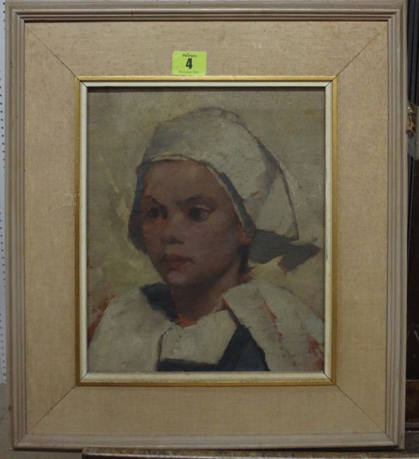 Dutch School (early 20th century), Head study of a girl, oil on panel, with an interior scene verso, 27cm x 22cm.  M2