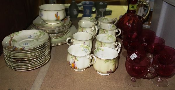 A Royal Albert tea set, and a quantity of cranberry glassware including a decanter (qty).  S3M