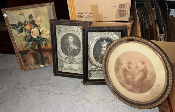 A large quantity of framed prints, mainly depicting The Royal family, an oil of flowers and sundry. (qty) M2