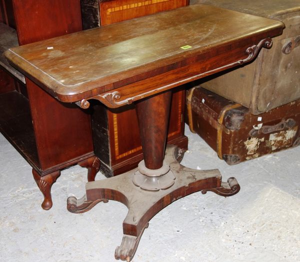 A 19th century rosewood fold over card table, 92cm wide. H5