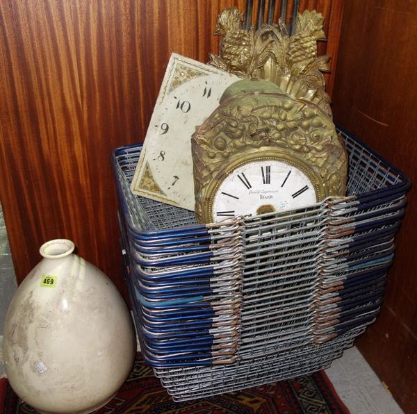 A longcase clock movement, another, a white glaze vase and a quantity of shopping baskets (qty).  CAB
