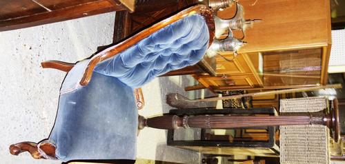 A mahogany framed button back nursing chair and a torchere stand (2).  H5