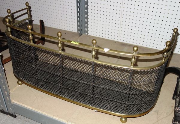 A 19th century brass and mesh fire guard together with an iron fire basket and pair of dogs. (4)  S1B