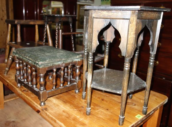 A group of three 19th century wooden stools, including an oak top milking stool,  two small tables and a child's chair. (6)  L3