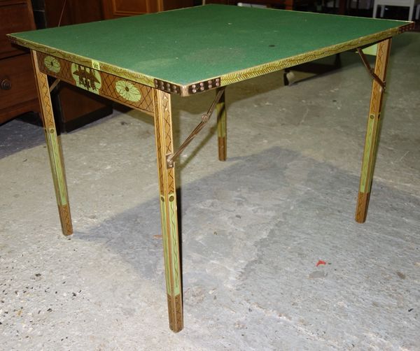 An early 20th century American green and gilt Chinoiserie painted folding square card table.  D6