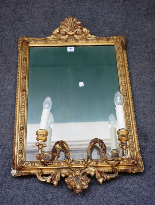 A 19th century gilt framed rectangular wall mirror, with moulded frame and twin light girandoles, 53cm wide x 86cm high.  MIR