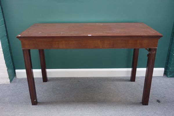 A mid-18th century style rectangular mahogany serving table, on canted square supports, 152cm wide. A6