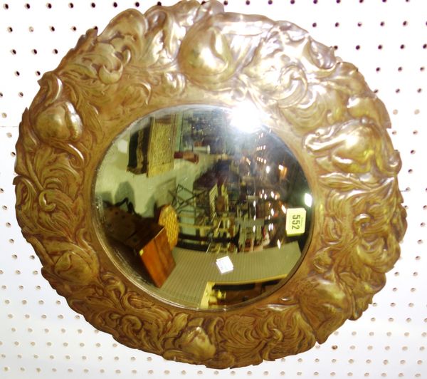 A 20th century copper circular wall mirror with convex plate, 53cm wide x 120cm MIR