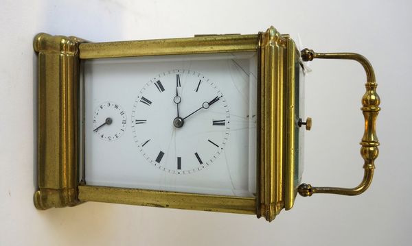 A French gilt brass cased carriage clock, late 19th century, with push hour repeat and subsidiary alarm dial, the two train movement stamped 'Moser a
