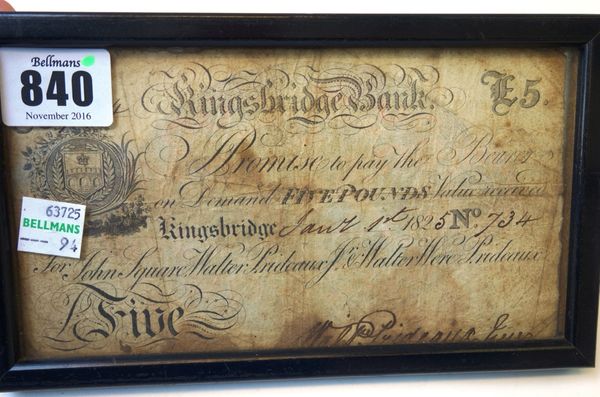 Devon, Kingsbridge, Kingsbridge Bank, Five Pounds, dated 1825 and a Kingsbridge £1 note also dated 1825, both framed and glazed (2).